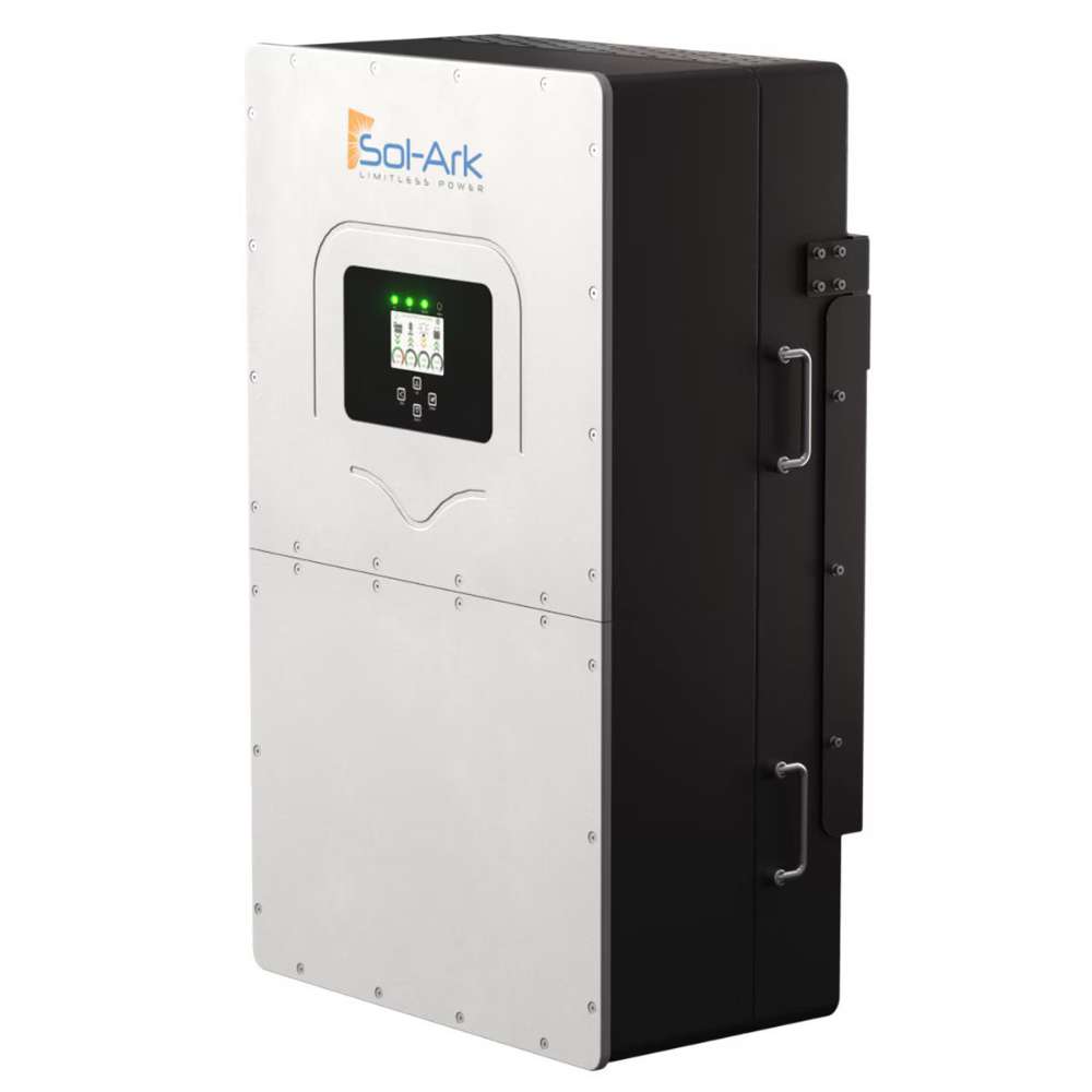Sol-Ark 60kW Hybrid Inverter System is shown angled from the side, featuring a smooth gray faceplate, side ventilation, and visible control handles