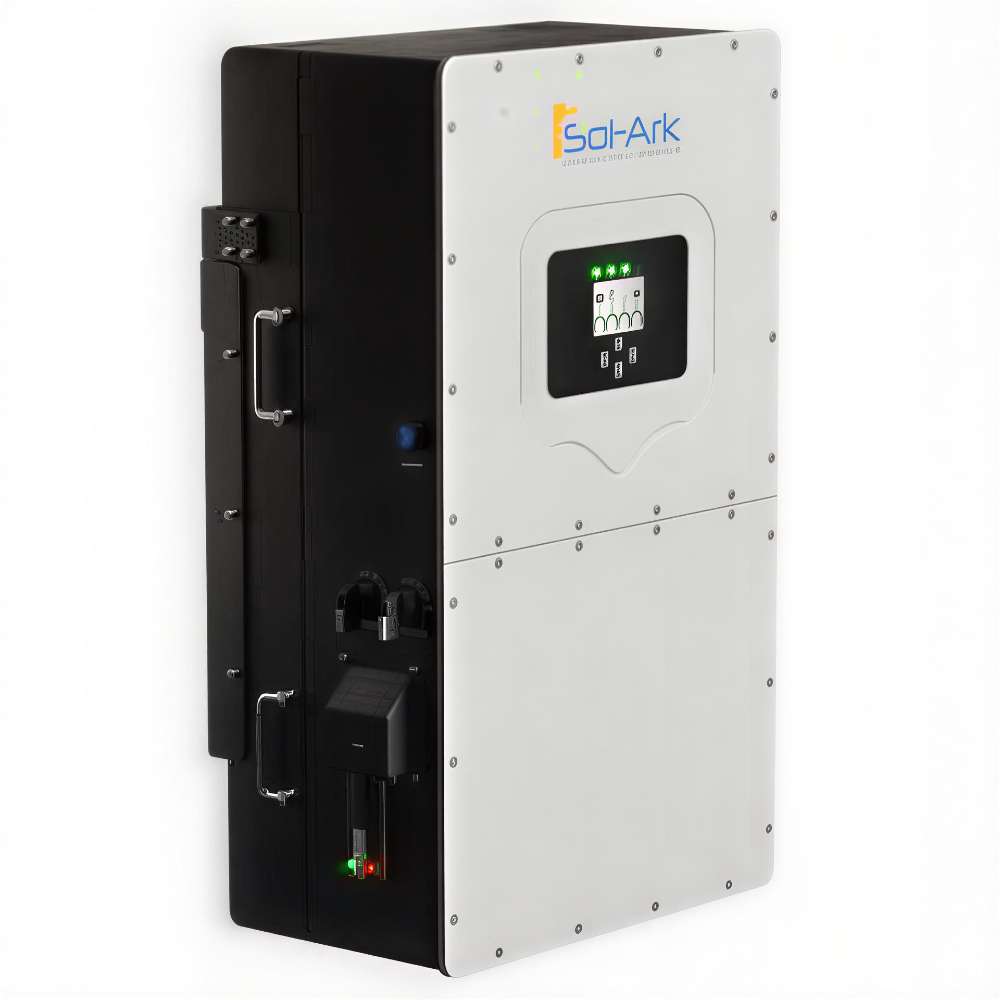 Sol-Ark 60kW Hybrid Inverter System stands upright with a sturdy black side housing, metal handles, and a digital interface showing power readings