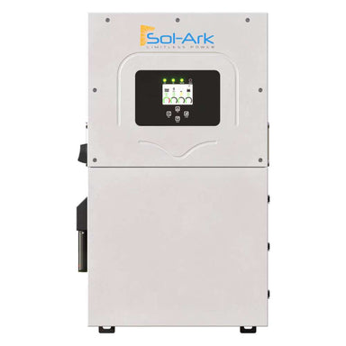 Sol-Ark 15kW Hybrid Inverter System with EMP Hardening Kit shows a durable gray box with a small display and control buttons