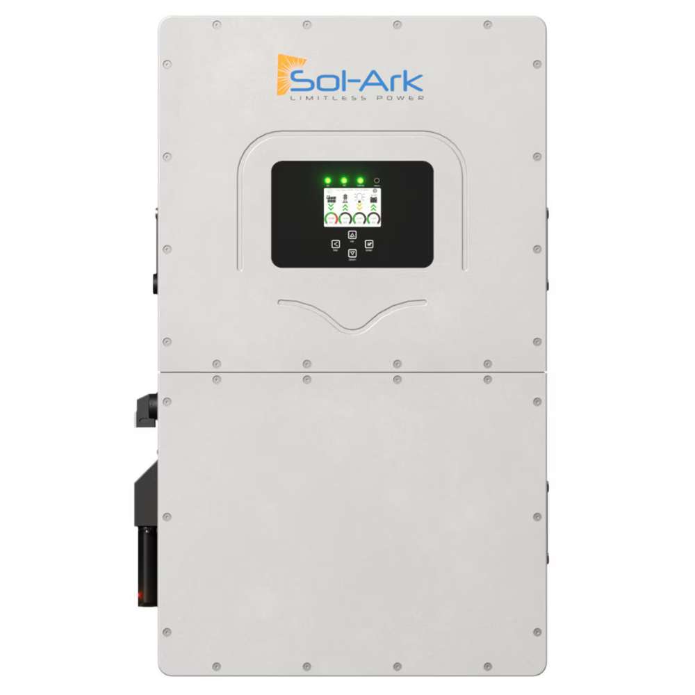 Sol-Ark 30kW Hybrid Inverter System - SA-30K-3P is shown standing upright with its logo visible at the top and a glowing screen at the center