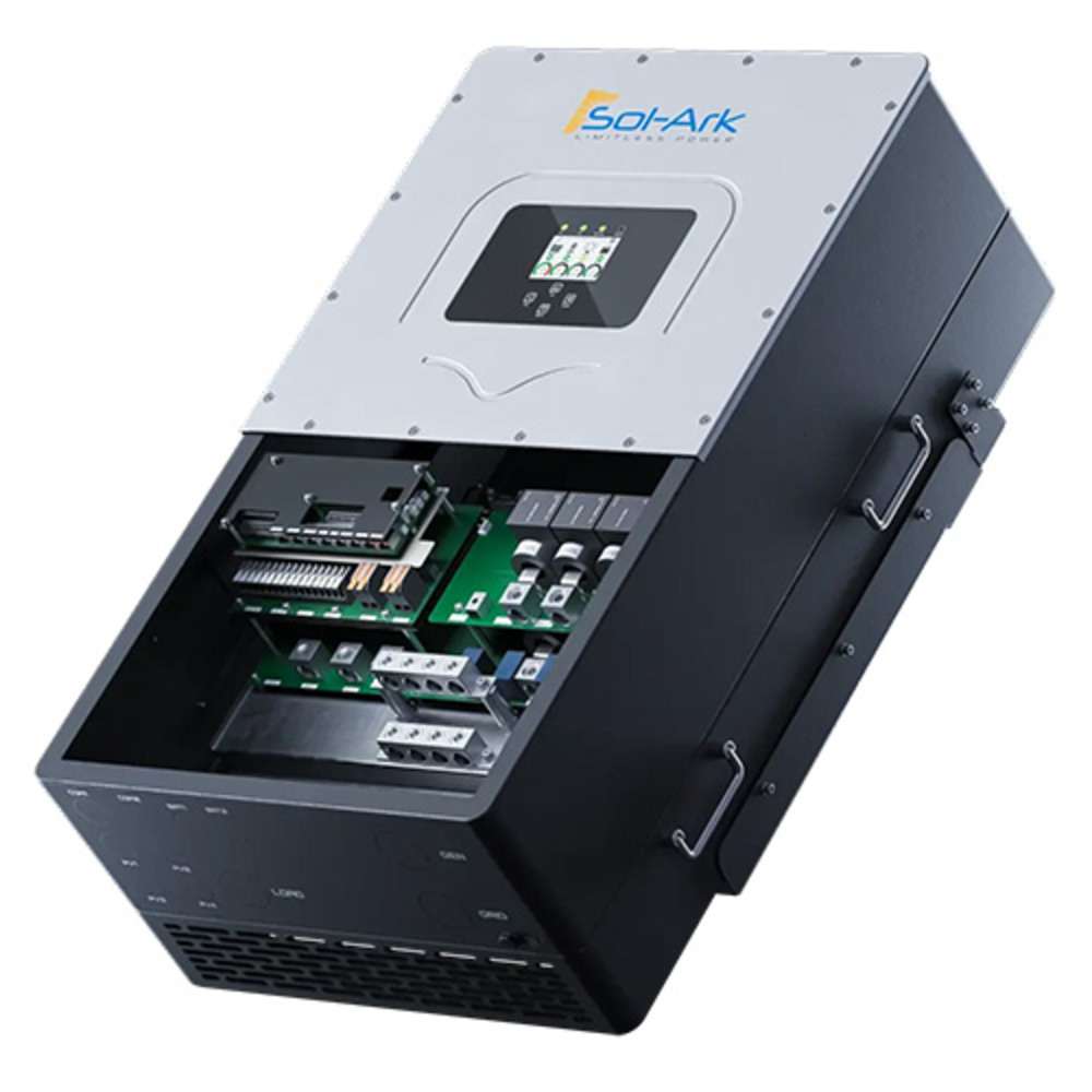 Sol-Ark 30kW Hybrid Inverter System - SA-30K-3P partially opened, revealing its internal green circuit boards and electronic components