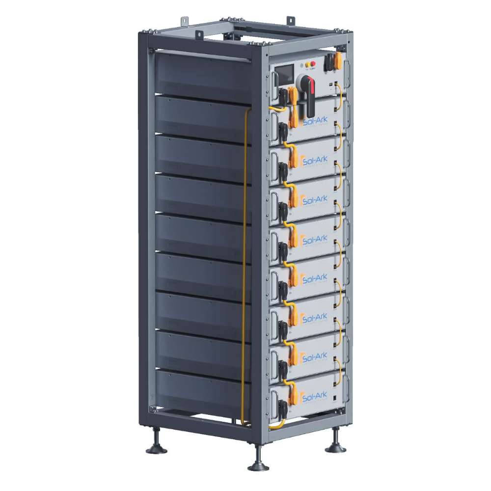 Sol-Ark 40 kWh Indoor Lithium Battery System - L3-HV-40KWH is displayed from an angled view, highlighting its sleek, industrial metal frame and organized stack of battery drawers