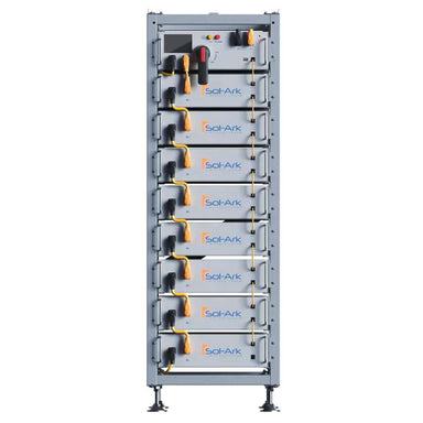 Sol-Ark 40 kWh Indoor Lithium Battery System - L3-HV-40KWH is shown in a tall, metal rack configuration with multiple stacked battery modules connected by bright yellow cables