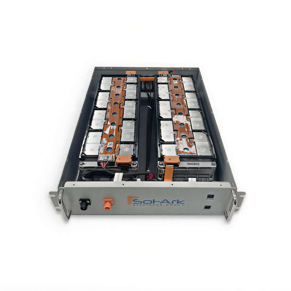 Sol-Ark 40 kWh Indoor Lithium Battery System - L3-HV-40KWH is shown open from above, revealing internal battery cells and copper connections inside the module