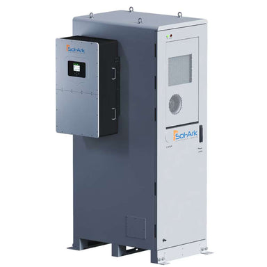 Sol-Ark 60 kWh Outdoor Lithium Battery System - L3-HVR-60KWH appears closed with a side control unit on a sleek gray body