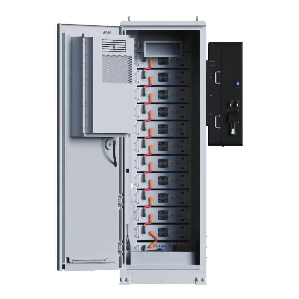 Sol-Ark 60 kWh Outdoor Lithium Battery System - L3-HVR-60KWH shows stacked battery modules inside an open gray cabinet