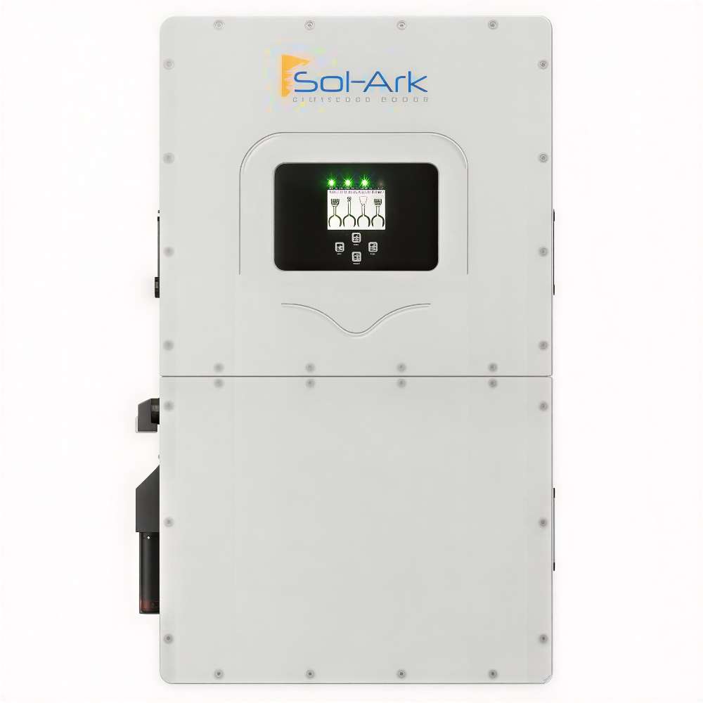 Sol-Ark 60kW Hybrid Inverter System is displayed vertically with a sleek industrial design, LED indicators, and a digital control panel at the center