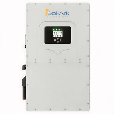 Sol-Ark 60kW Hybrid Inverter System is displayed vertically with a sleek industrial design, LED indicators, and a digital control panel at the center
