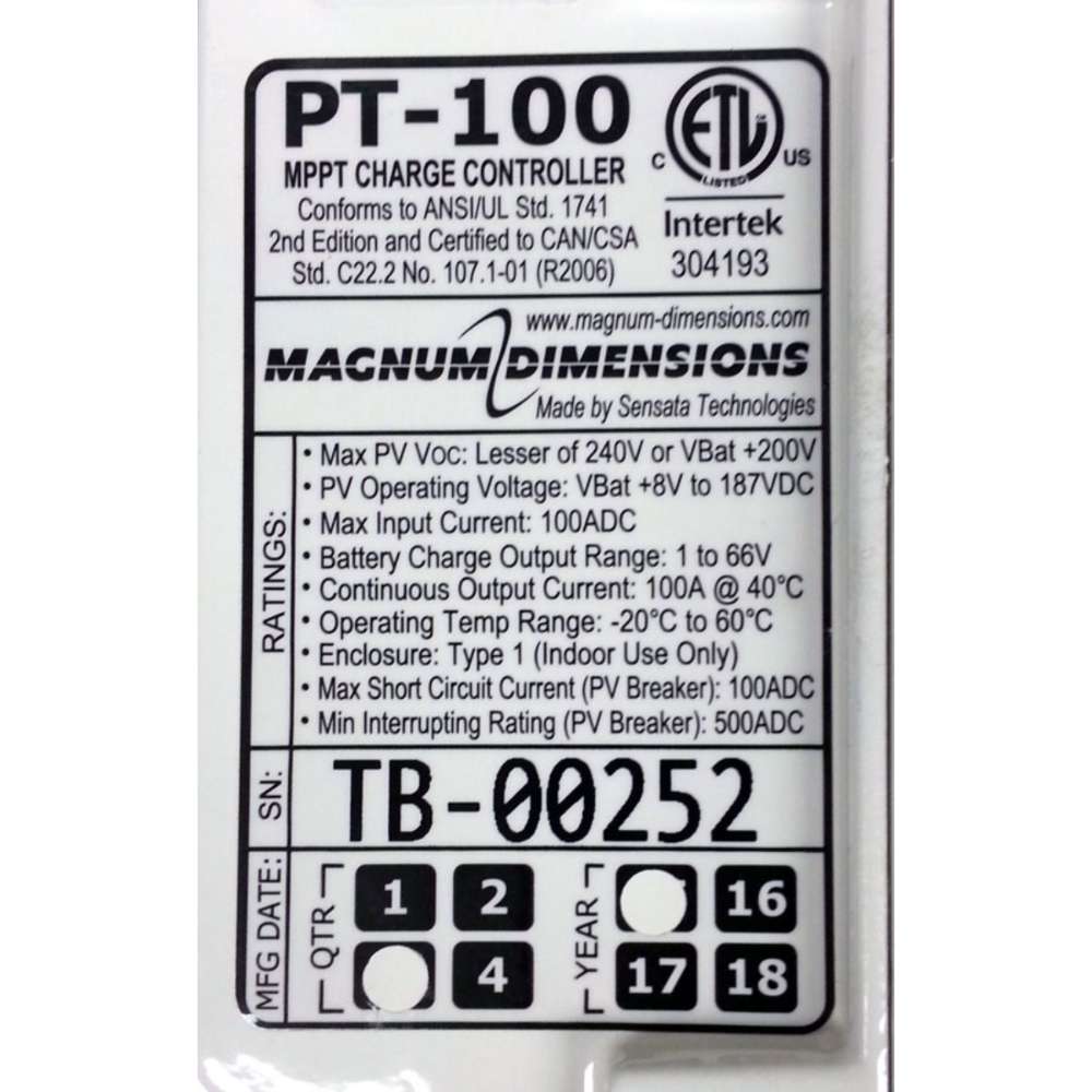 Specifications label on a Magnum Energy PT100 100 MPPT Solar Charge Controller