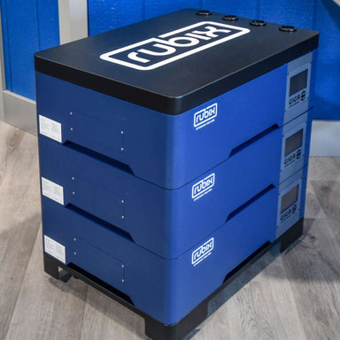 Stacked blue and black energy system with “Rubix” branding, the Rubix Giga Stack Series 48 Volt 205AH Lithium Battery - RGS-48205, built for efficient power storage