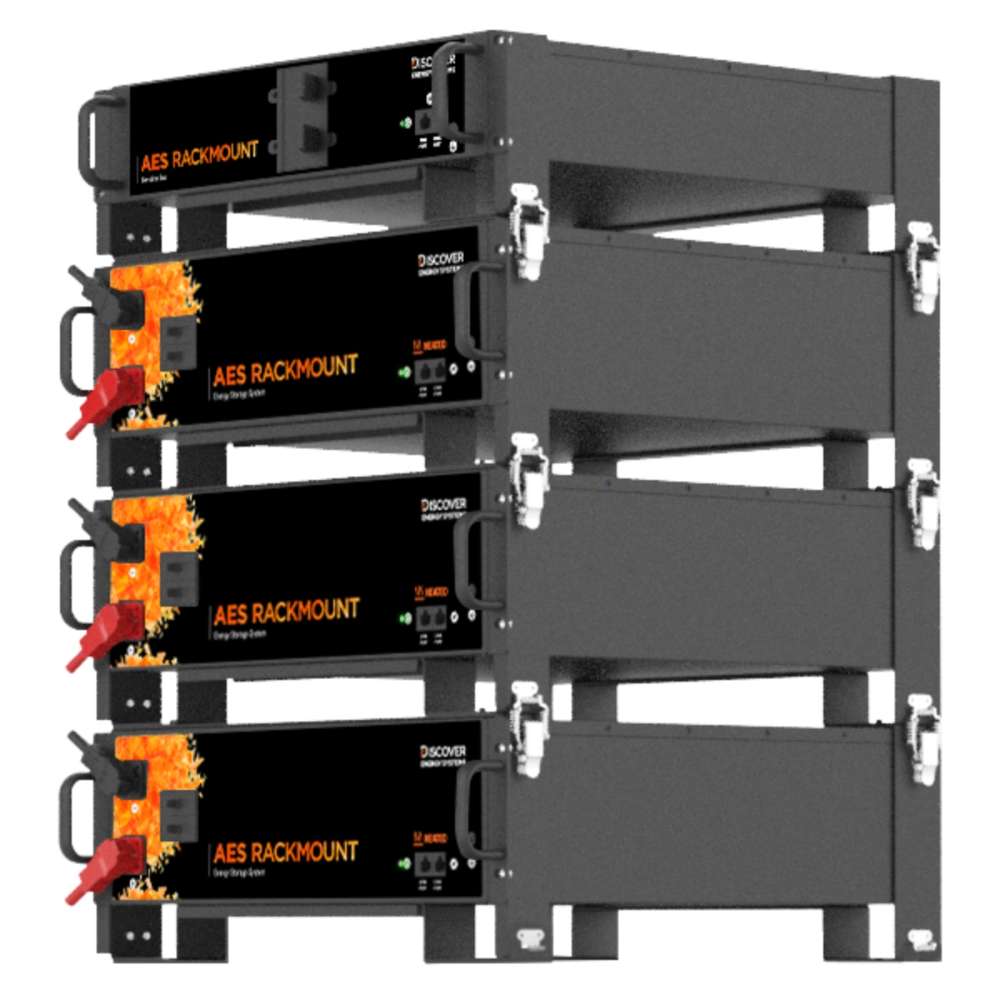 Stacked rack of multiple Discover Energy 5.0kWh AES Rackmount ESS Lithium Battery Module-48-48-5120 units is shown in a vertical frame