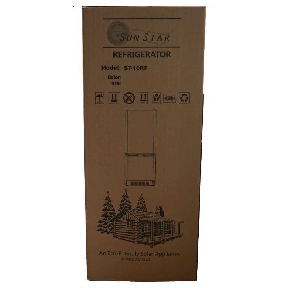 SunStar ST-10RF-B 10 cu.ft. DC/AC Refrigerator - Black is pictured inside its cardboard shipping box, labeled with the SunStar brand and indicating it is an eco-friendly solar appliance
