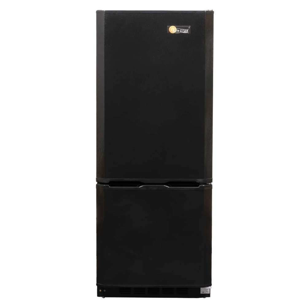 SunStar ST-10RF-B 10 cu.ft. DC/AC Refrigerator - Black is shown closed from the front, displaying a tall, matte black exterior with two vertically stacked doors and a compact footprint