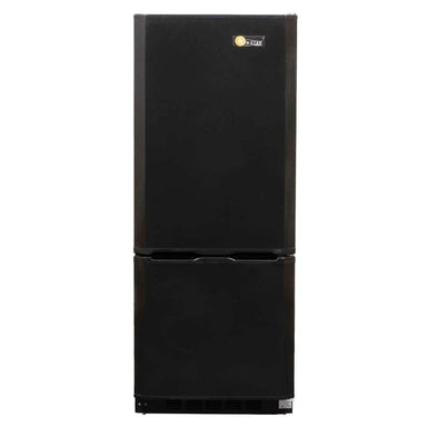 SunStar ST-10RF-B 10 cu.ft. DC/AC Refrigerator - Black is shown closed from the front, displaying a tall, matte black exterior with two vertically stacked doors and a compact footprint