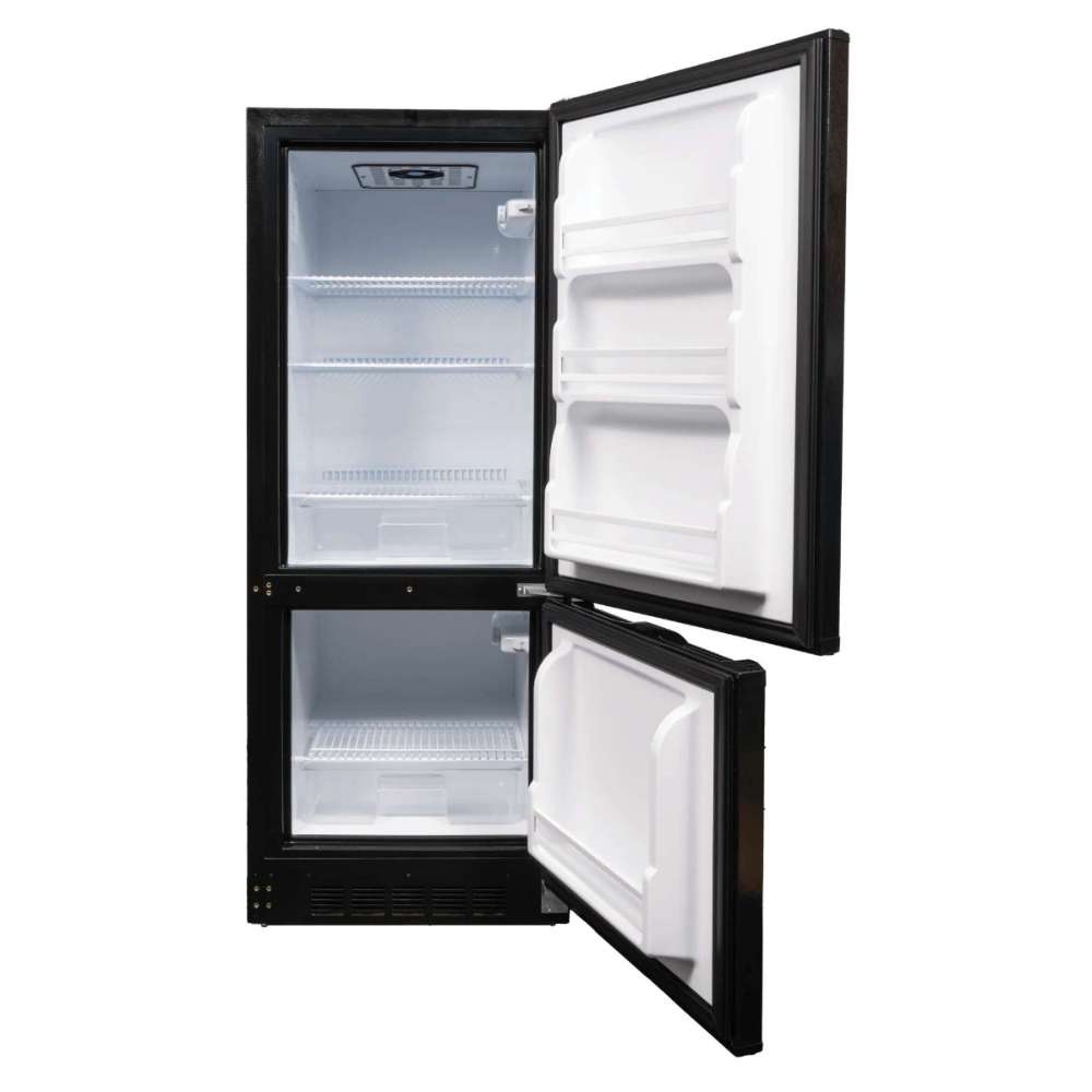 SunStar ST-10RF-B 10 cu.ft. DC/AC Refrigerator - Black is shown open again, emphasizing the bright white interior, adjustable wire shelves, and simple freezer storage below