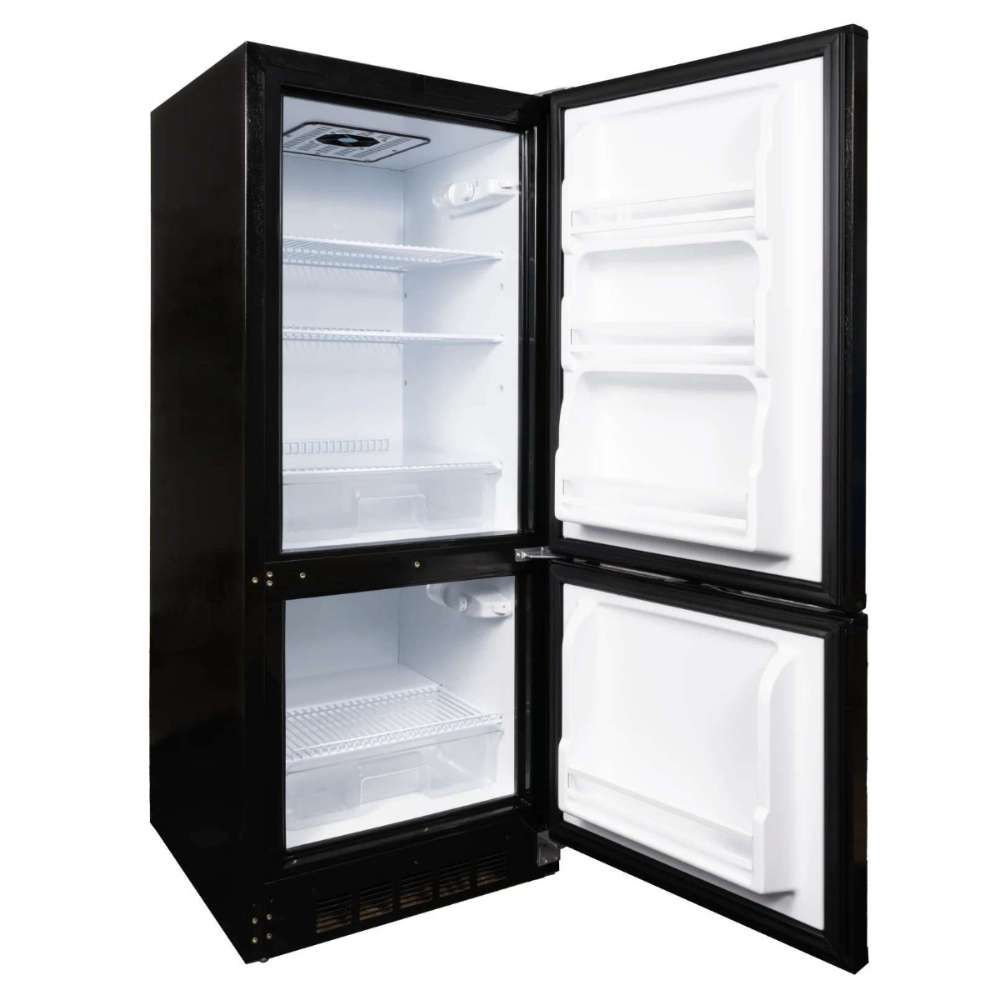SunStar ST-10RF-B 10 cu.ft. DC/AC Refrigerator - Black is shown open with both upper refrigerator and lower freezer doors wide open