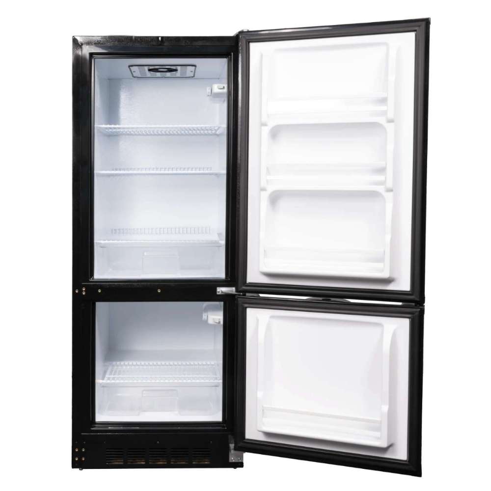 SunStar ST-10RF-SS 10 cu.ft. DC/AC Refrigerator - Stainless Steel is shown fully open, displaying molded door shelves and interior storage