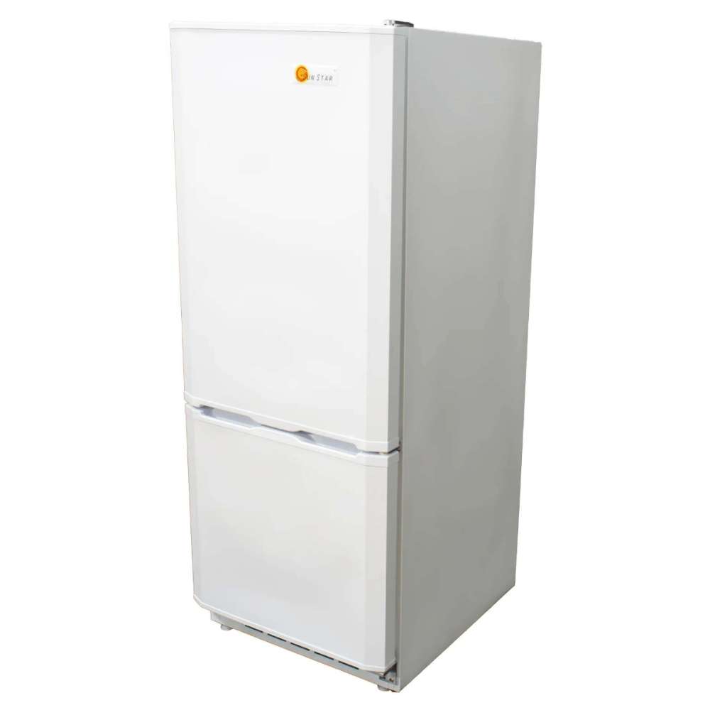 SunStar ST-10RF-W 10 cu.ft. DC/AC Refrigerator - White is shown from a front-side angle highlighting the smooth white finish and compact footprint