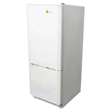 SunStar ST-10RF-W 10 cu.ft. DC/AC Refrigerator - White is shown from a front-side angle highlighting the smooth white finish and compact footprint