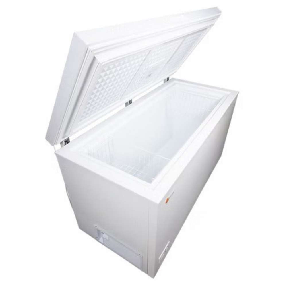 SunStar ST-15CF 15 cu.ft. DC Powered Chest Freezer/Refrigerator is shown at an angle with the lid open, revealing the textured underside of the lid and the empty interior