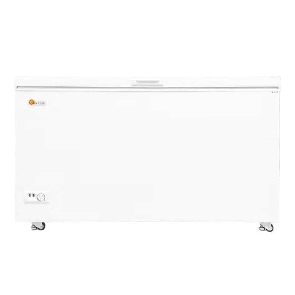 SunStar ST-15CF 15 cu.ft. DC Powered Chest Freezer/Refrigerator is shown from the front with the lid closed, emphasizing its wide rectangular shape and rolling wheels