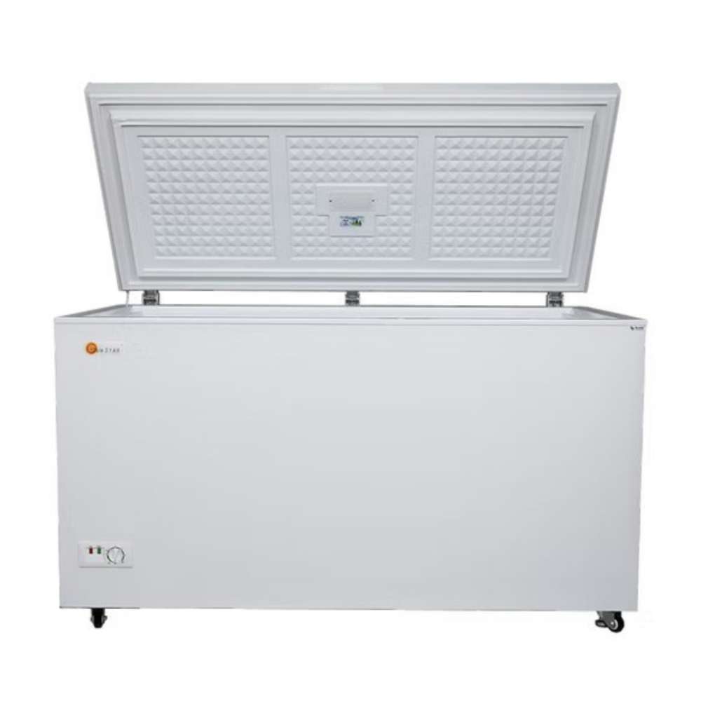 SunStar ST-15CF 15 cu.ft. DC Powered Chest Freezer/Refrigerator is shown from the front with the lid open, clearly showing the insulated lid panels and the large storage space inside