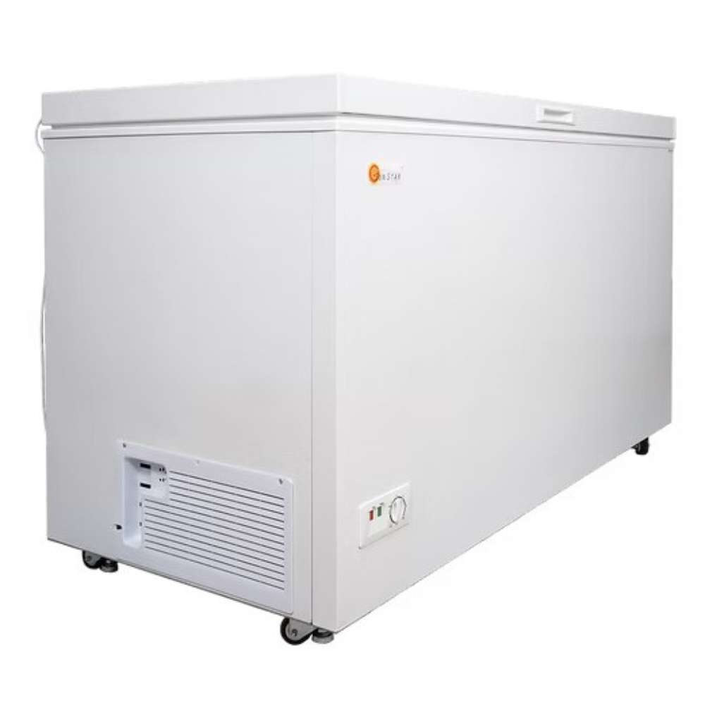 SunStar ST-15CF-AC 15 cu.ft. AC Powered Chest Freezer/Refrigerator is a large white chest freezer on wheels with a flat, closed lid
