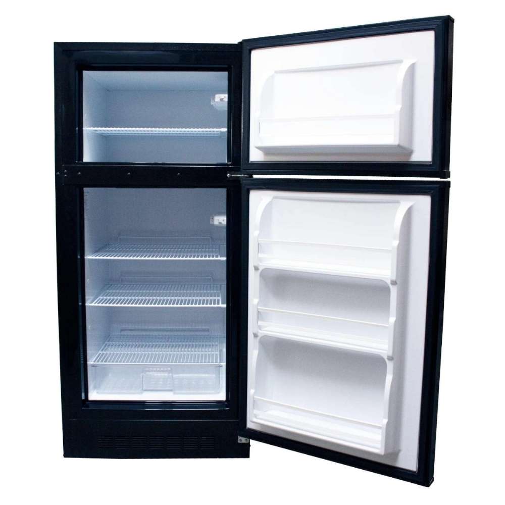 SunStar ST-16RF-B 16 cu.ft. DC/AC Refrigerator - Black is shown with both doors open, revealing a top freezer and a spacious lower refrigerator