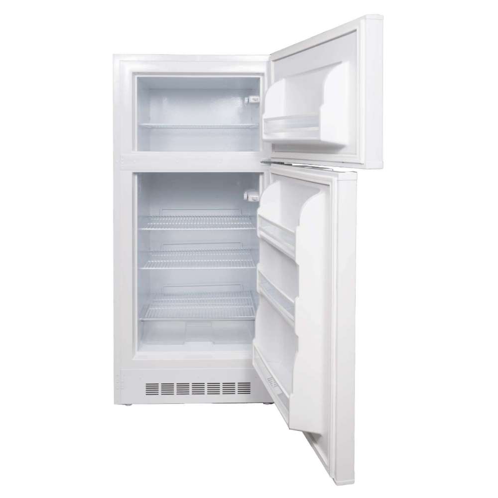 SunStar ST-16RF-W 16 cu.ft. DC/AC Refrigerator - White with both doors open revealing an empty white interior with wire shelves and door storage bins