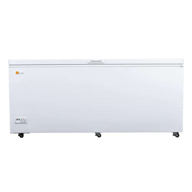SunStar ST-21CF 21 cu.ft. DC Powered Chest Freezer/Refrigerator is shown closed from the front with a smooth white exterior on wheels