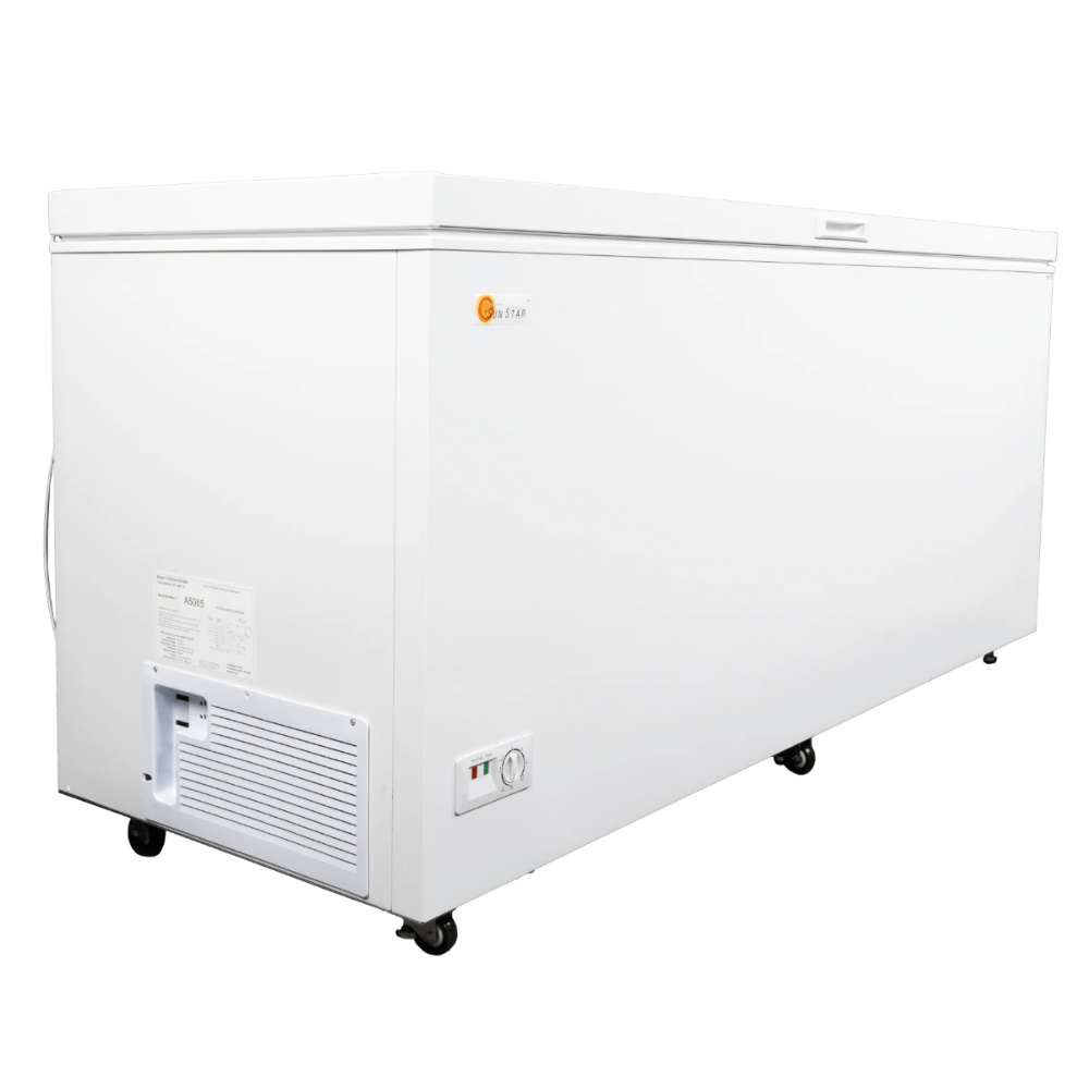 SunStar ST-21CF 21 cu.ft. DC Powered Chest Freezer/Refrigerator is shown from the back with the lid closed, displaying rear vents and wheels