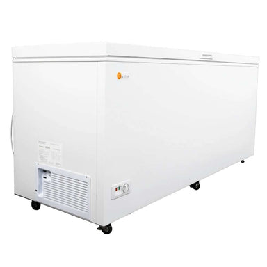 SunStar ST-21CF-AC 21 cu.ft. AC Powered Chest Freezer/Refrigerator is shown closed from a rear angle with vents, wheels, and power cord