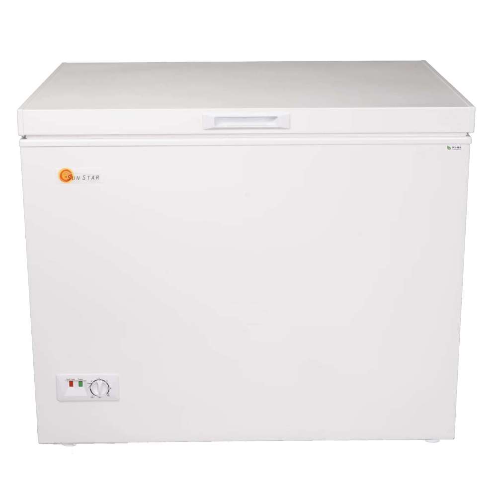 SunStar ST-8CF 8 cu.ft. DC Powered Chest Freezer/Refrigerator shown closed from the front with a simple control panel