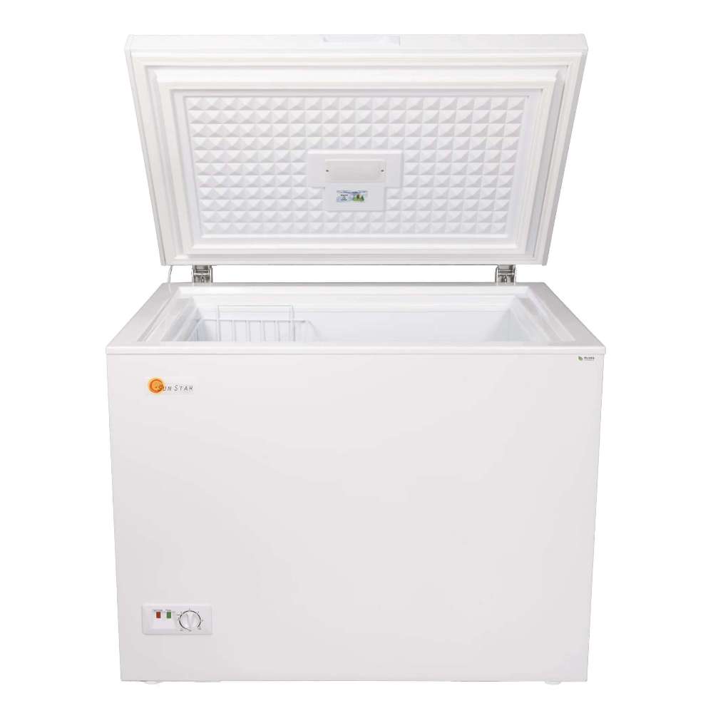 SunStar ST-8CF 8 cu.ft. DC Powered Chest Freezer/Refrigerator shown from the front with the lid open and interior visible