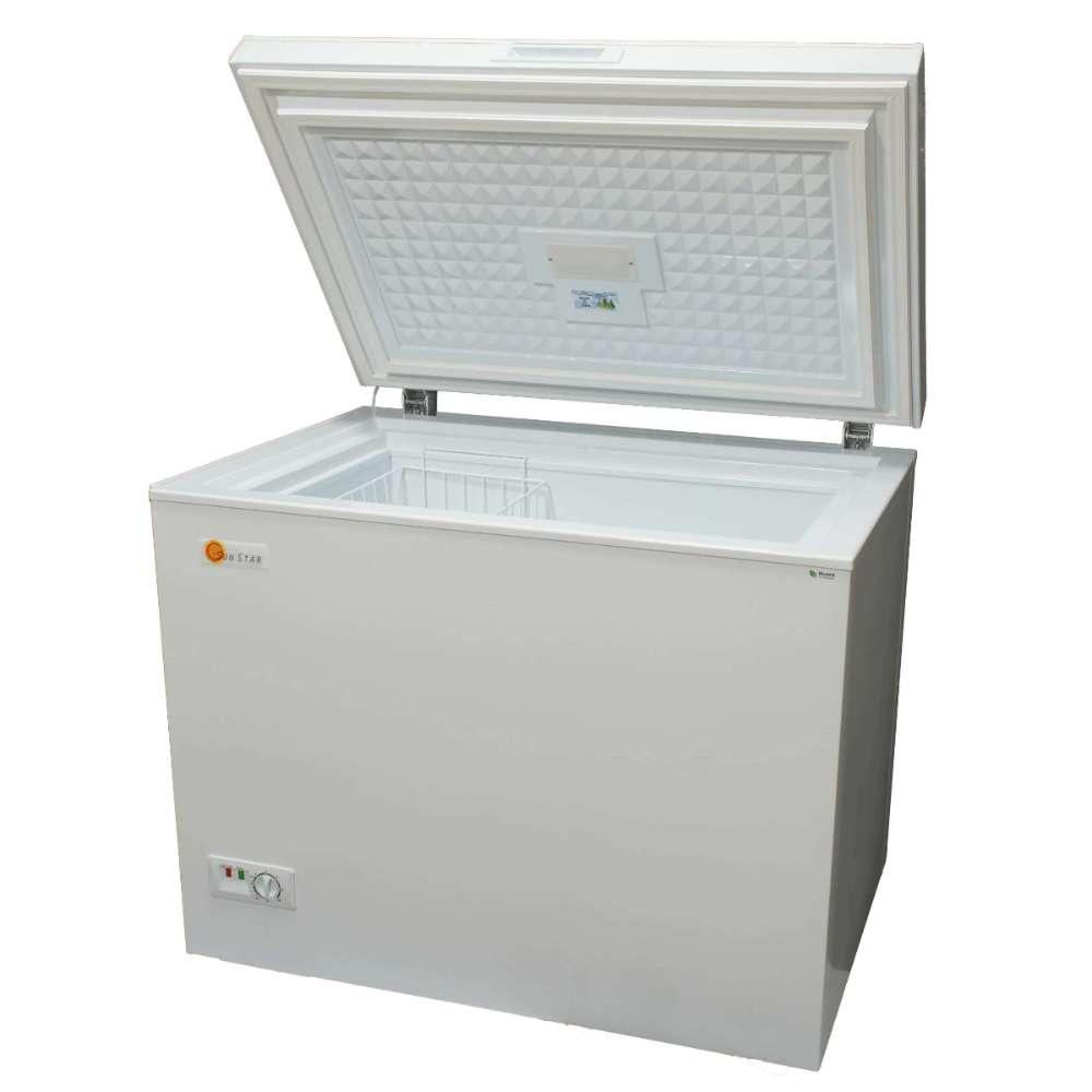 SunStar ST-8CF 8 cu.ft. DC Powered Chest Freezer/Refrigerator shown with the lid open at an angle, highlighting the empty storage space