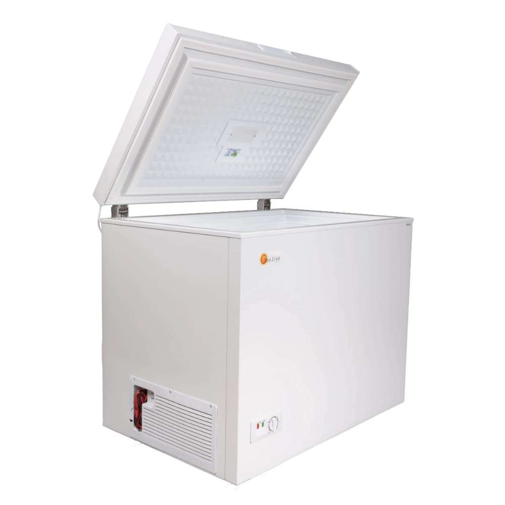SunStar ST-8CF 8 cu.ft. DC Powered Chest Freezer/Refrigerator with its lid open, revealing a deep, empty insulated interior