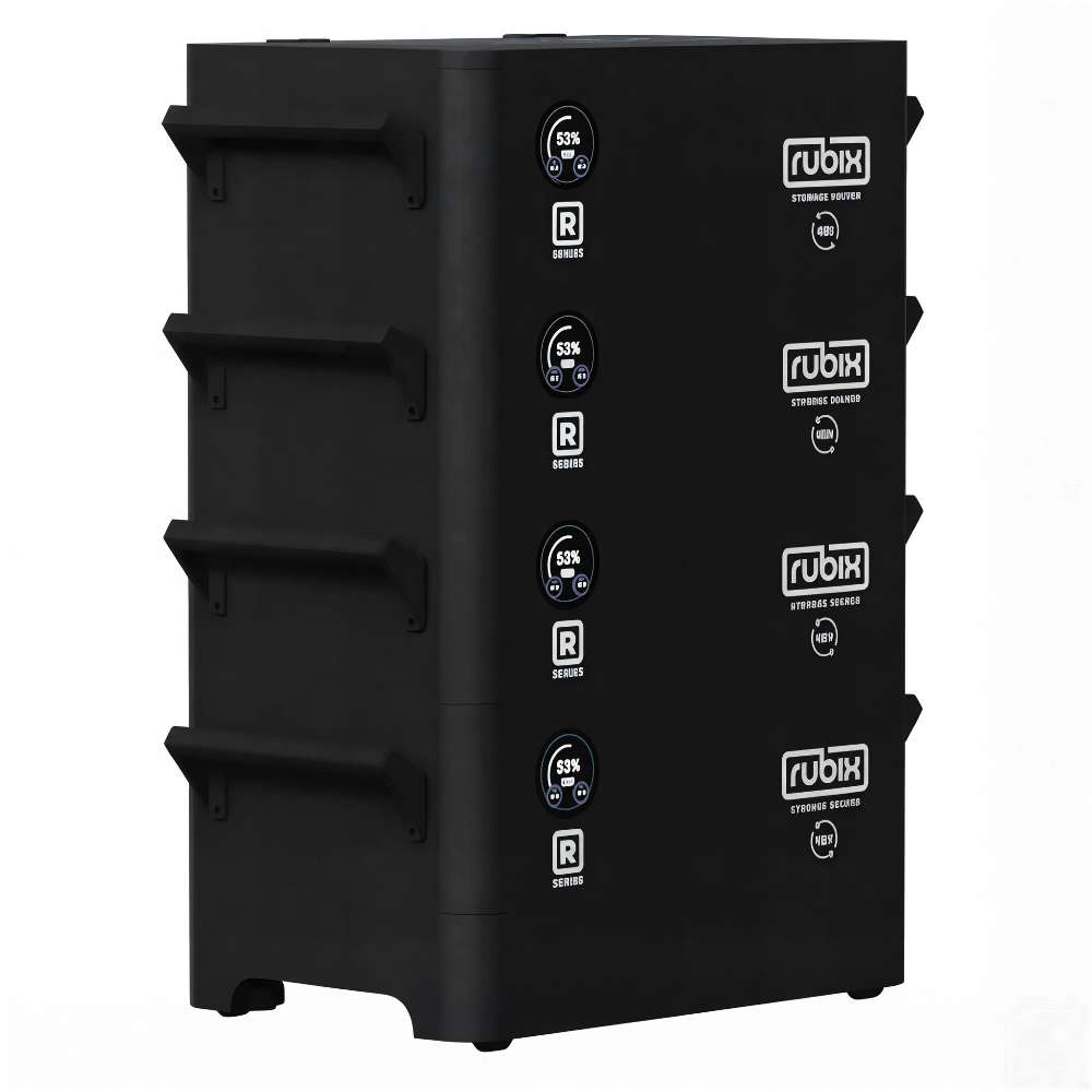 Tall black stack of battery units with digital screens for the Rubix R-Series 24 Volt 560AH Lithium Battery-RRS-25560