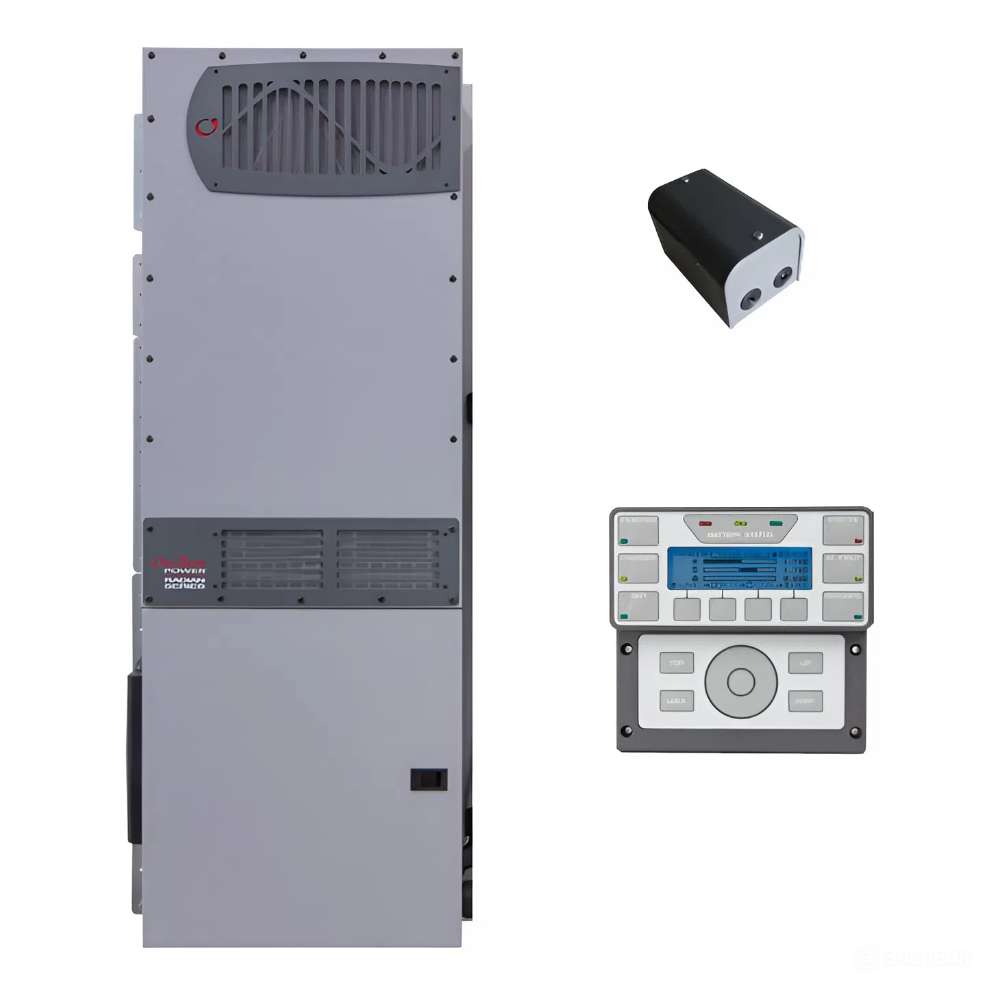 Tall inverter unit alongside a separate control panel and small component all included in the Outback Power GS4048A-AC Radian Series AC Coupling Bundle