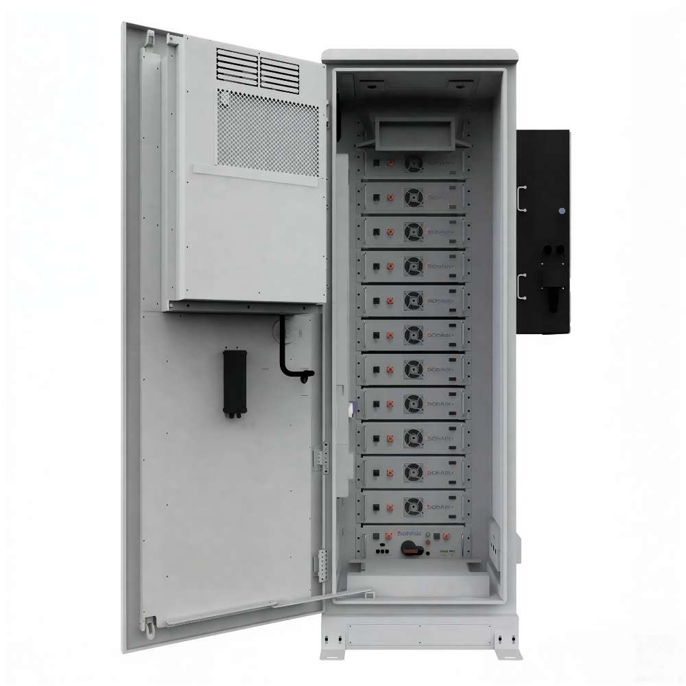 Tall outdoor battery cabinet with its door open reveals stacked lithium battery modules belonging to the Sol-Ark 60 kWh Outdoor Lithium Battery System - L3-HVR-60KWH