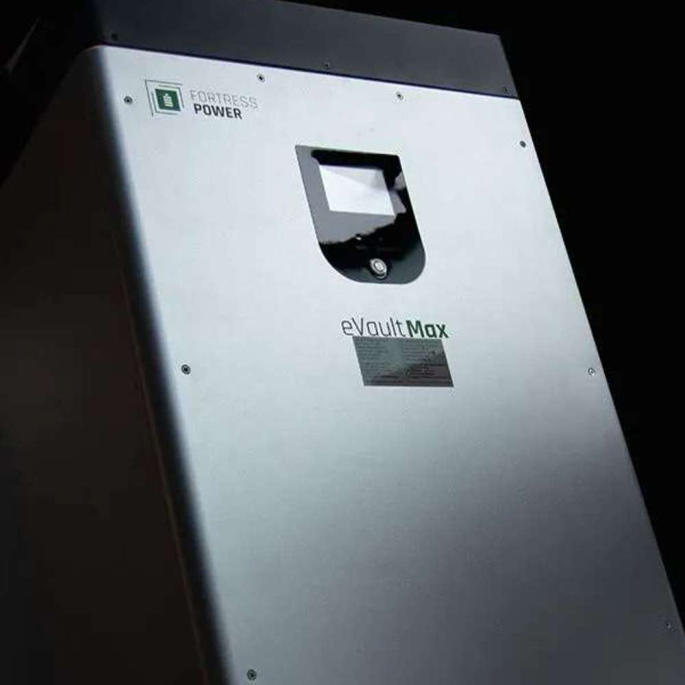 Tall silver cabinet of the Fortress Power eVault Max 18.5 kWh Lithium Ferro Phosphate Battery-EVAULTMAX18.5, highlighting its clean front panel and small display screen
