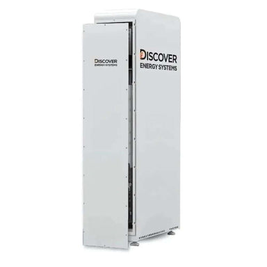 Tall white cabinet with a slightly open front door reveals part of the Discover Energy AES Rackmount ESS 30kWh Slimline Enclosure-950-0053