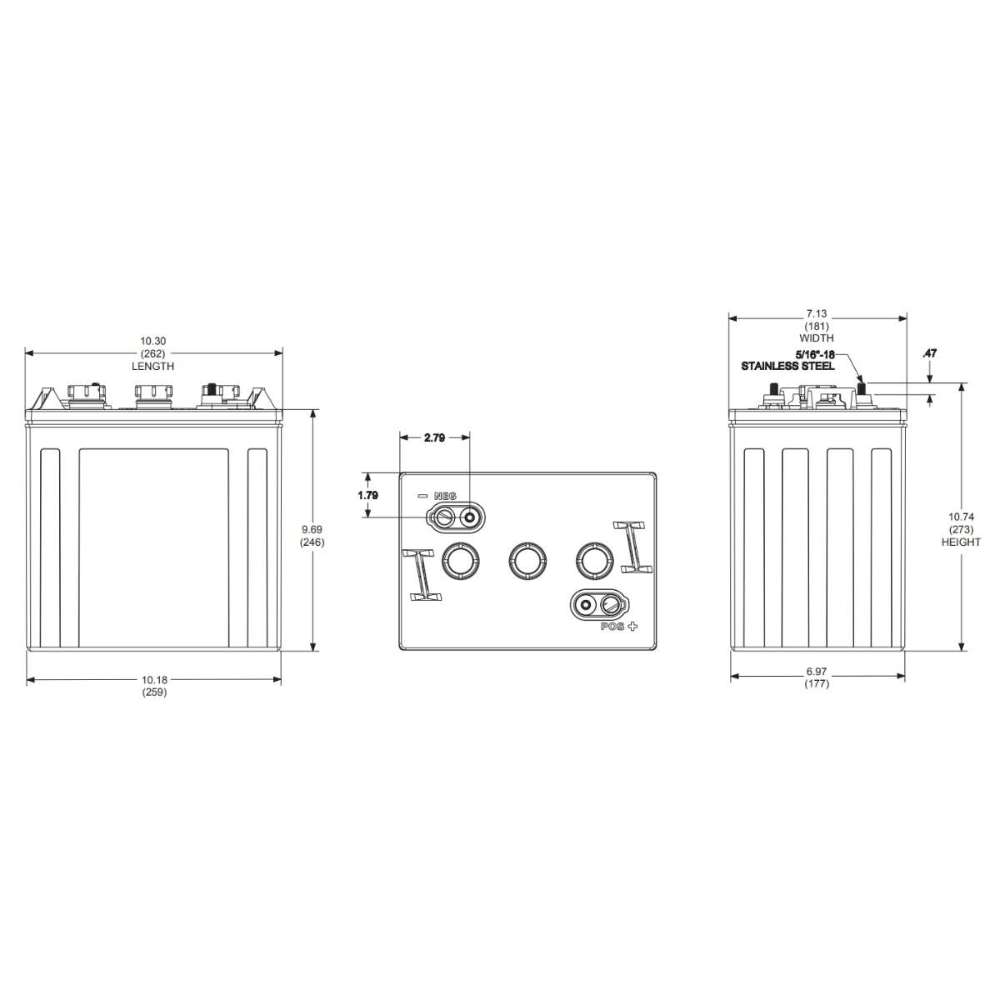 Technical diagram illustrates the dimensions and layout of the Trojan SSIG-06-235 6V 214Ah Flooded Lead Acid Battery