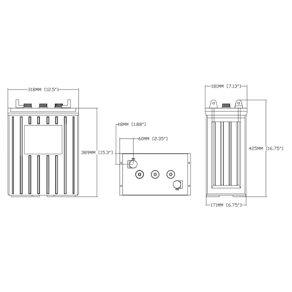 Technical diagram shows the measurements of the Rolls Battery S6 L16-HC 445Ah 6V Deep Cycle Battery
