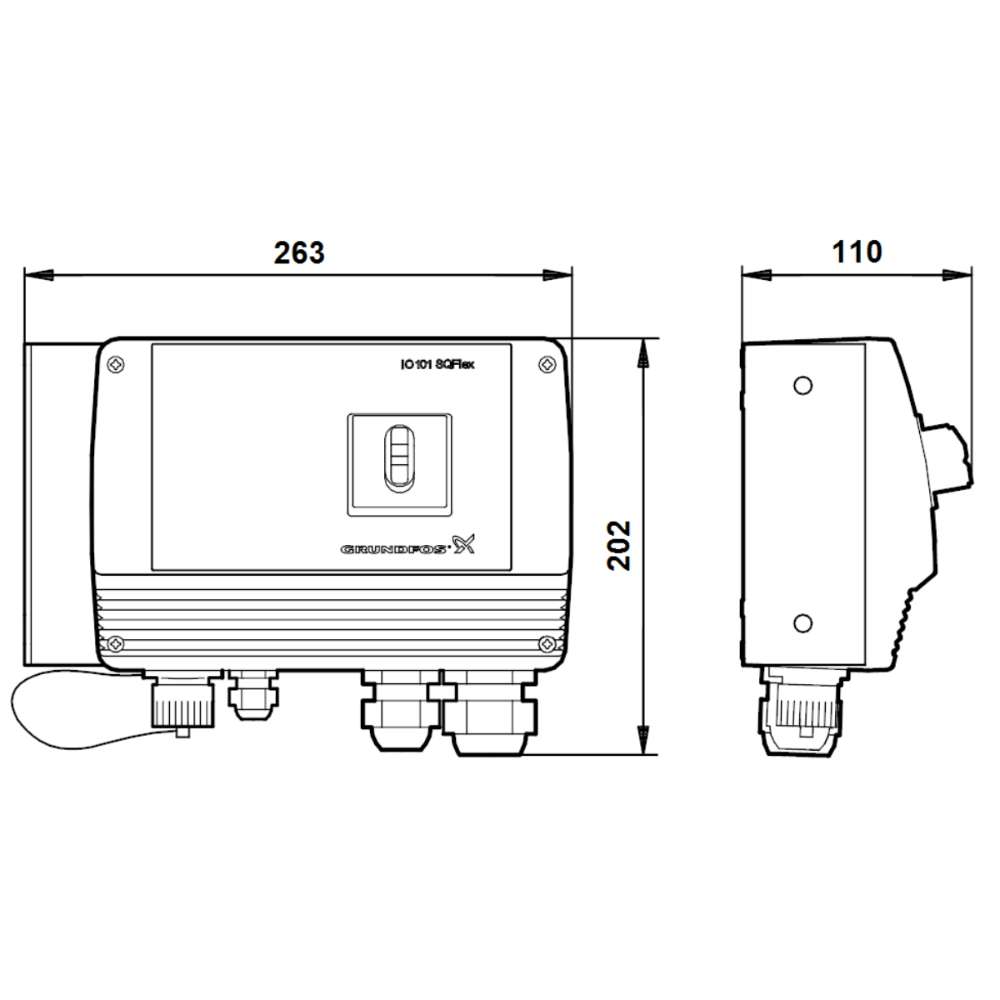 Technical drawing displays the dimensions of the Grundfos IO101 SQFlex Switch Box shown from the front and side with precise measurements