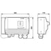Technical drawing displays the dimensions of the Grundfos IO101 SQFlex Switch Box shown from the front and side with precise measurements