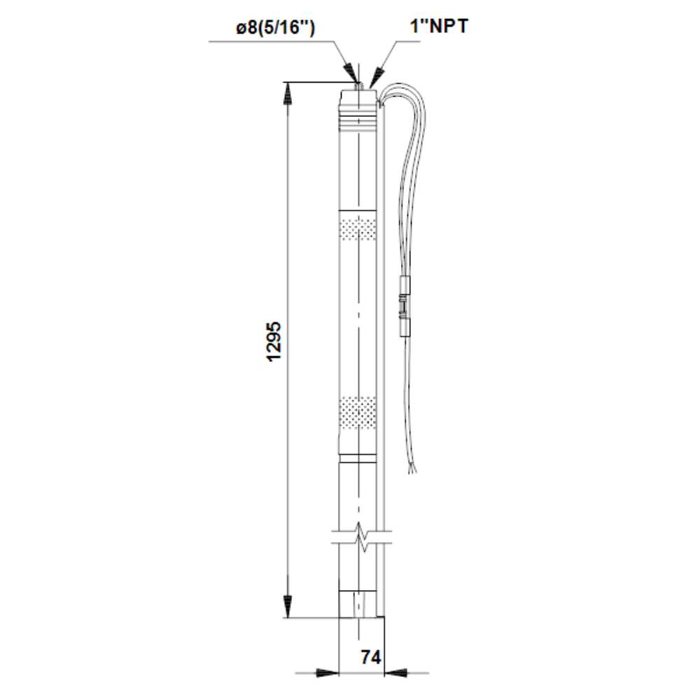 Technical drawing displays the pump’s measurements and pipe connection layout for the Grundfos 6 SQF-3 SQFlex Solar Submersible Pump | 6 GPM | Up To 820Ft