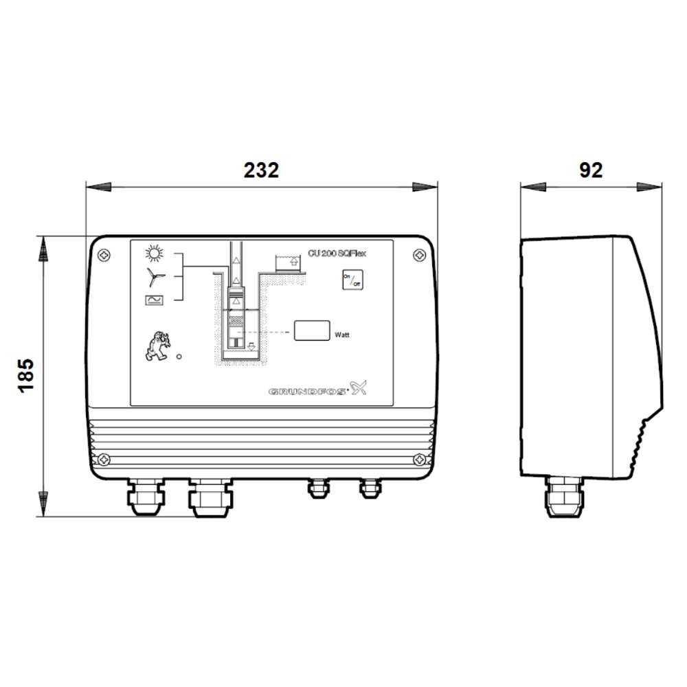 Technical drawing of Grundfos GF96481502-V02 Switch Box showing its front and side dimensions
