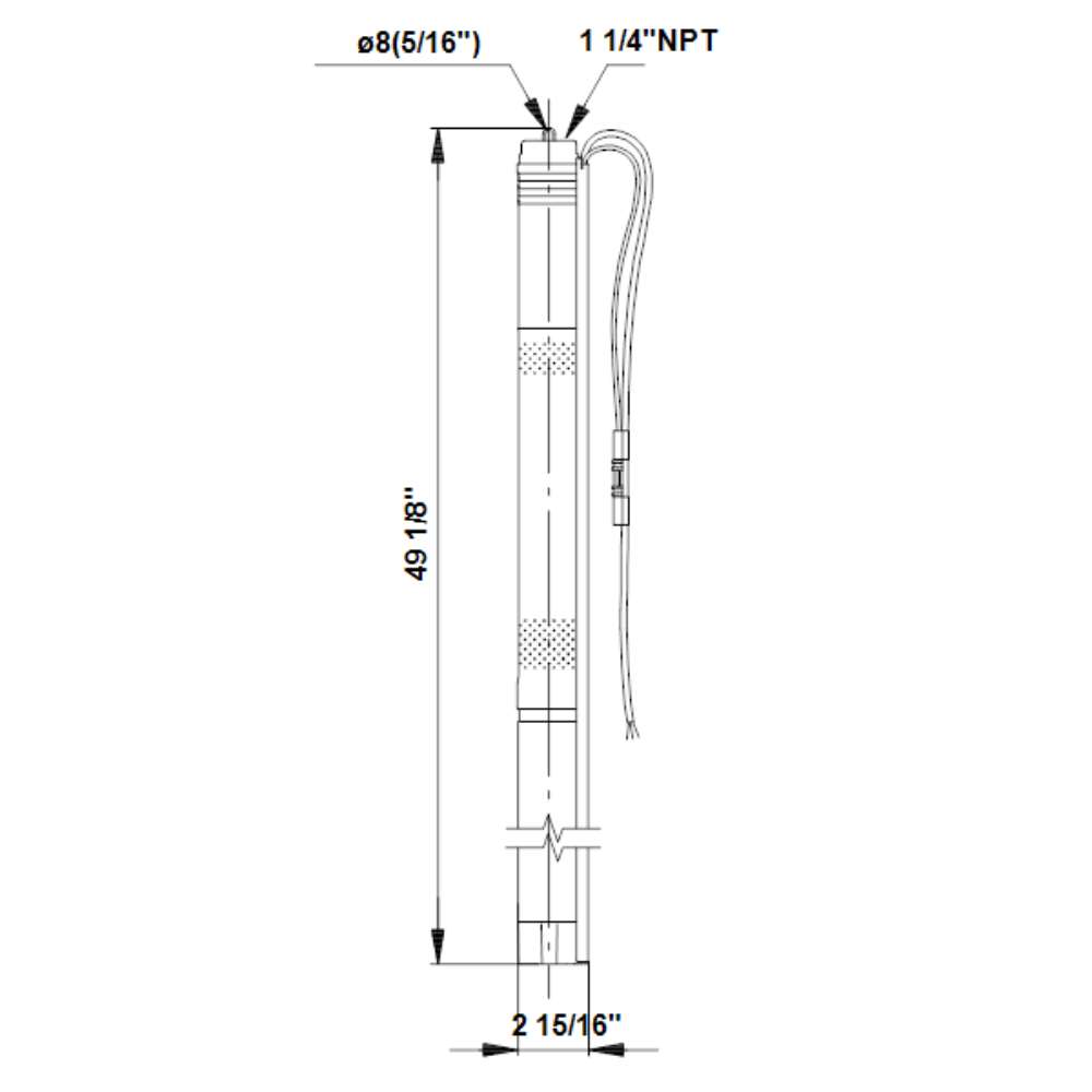 Technical drawing shows the measured height and width of the Grundfos 11 SQF-2 SQFlex Solar Submersible Pump | 13 GPM | Up To 395 Ft