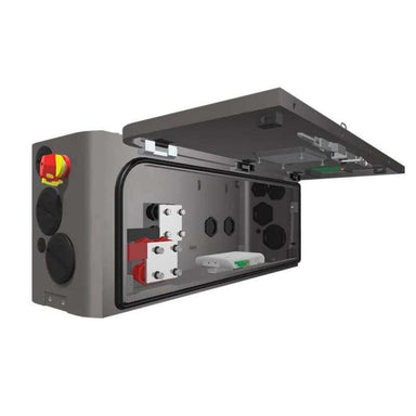 The opened casing reveals the inner wiring and connectors of the Fortress Power eForce 9.6kW Lithium Battery-EFORCE9.6