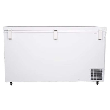 The rear of the SunStar ST-15CF-AC 15 cu.ft. AC Powered Chest Freezer/Refrigerator shows a smooth panel with vents and wheels